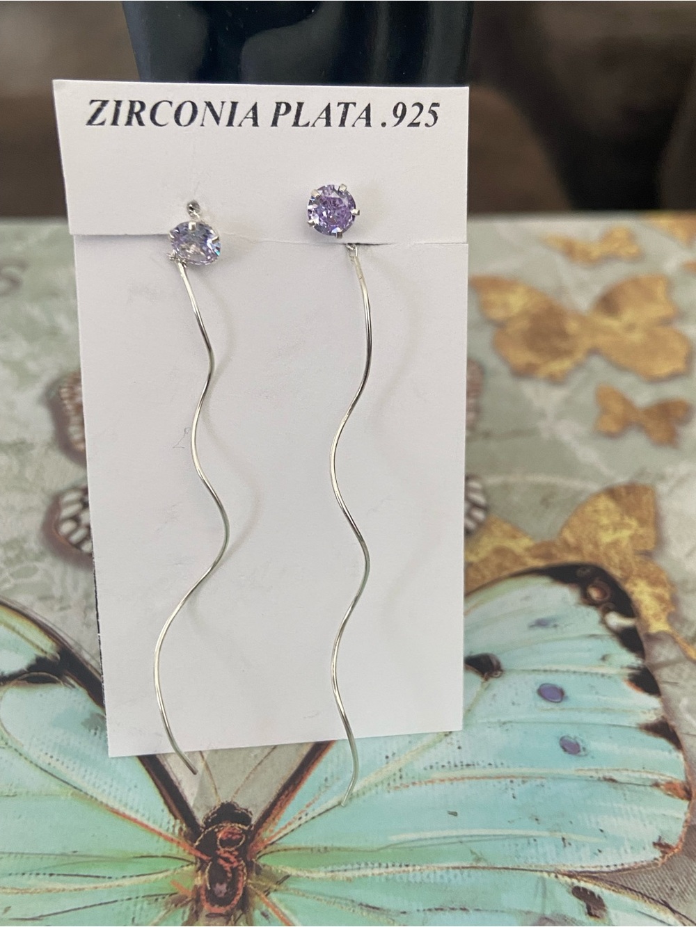 Sterling Silver 925 Lavender Zirconia Wave Drop Earrings